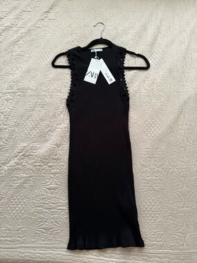 Zara Black Ribbed Crochet-Trim Sleeveless Dress